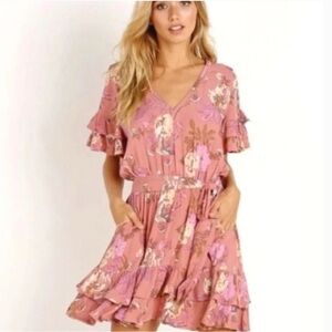 Spell Pink Floral Ruffle V-Neck Mini Dress **missing belt